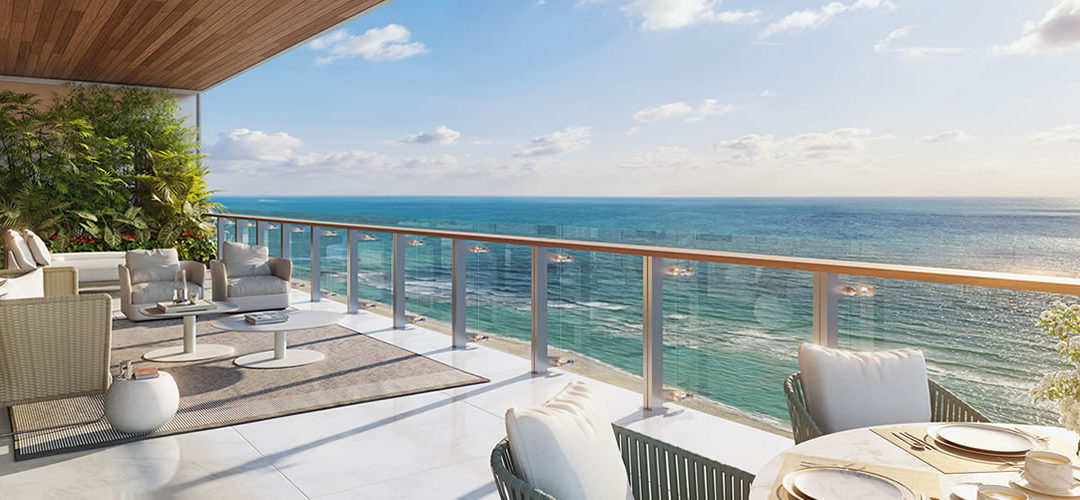 3D rendering of a large terrace with a view of the ocean.